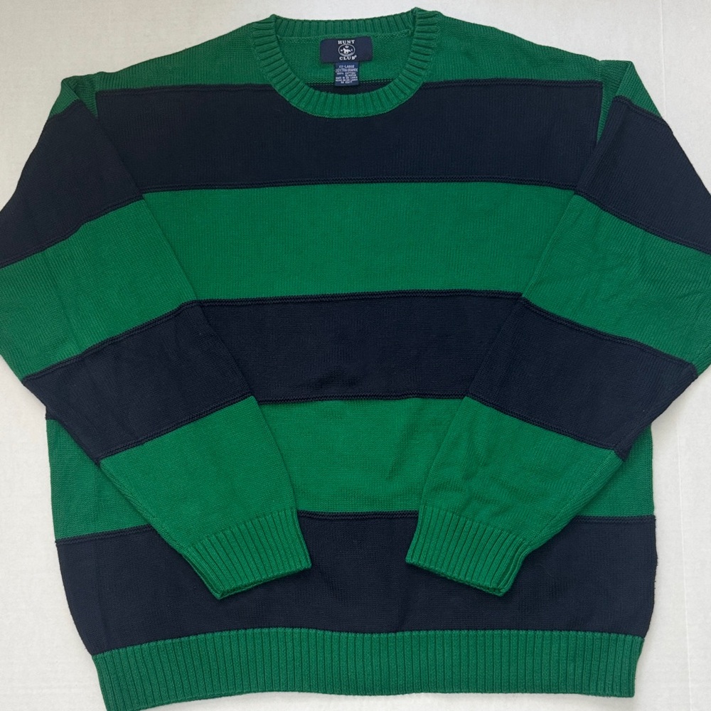 VTG Hunt Club Men's Green & Navy Crewneck Collegiate Striped Cotton Sweater XXL